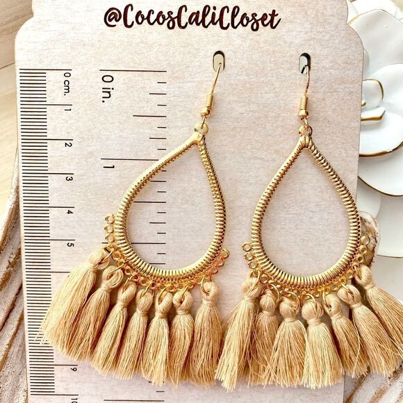 Boho Tassel Drop Hoop Earrings NWT - Picture 3 of 4